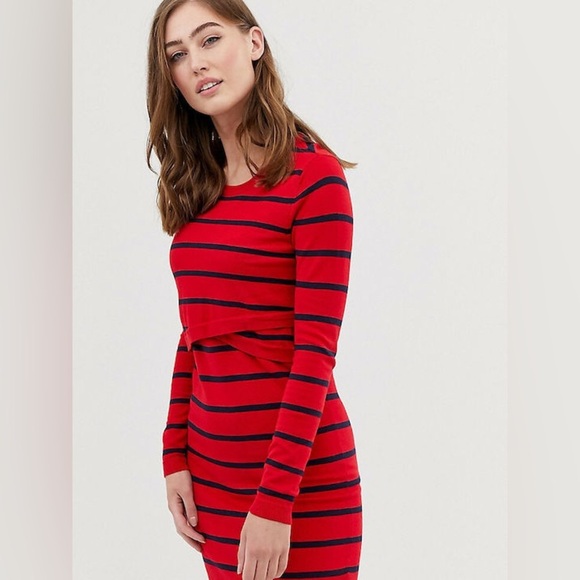 Mamalicious Red Striped Long Sleeve Nursing Dress Size Small - Picture 1 of 5